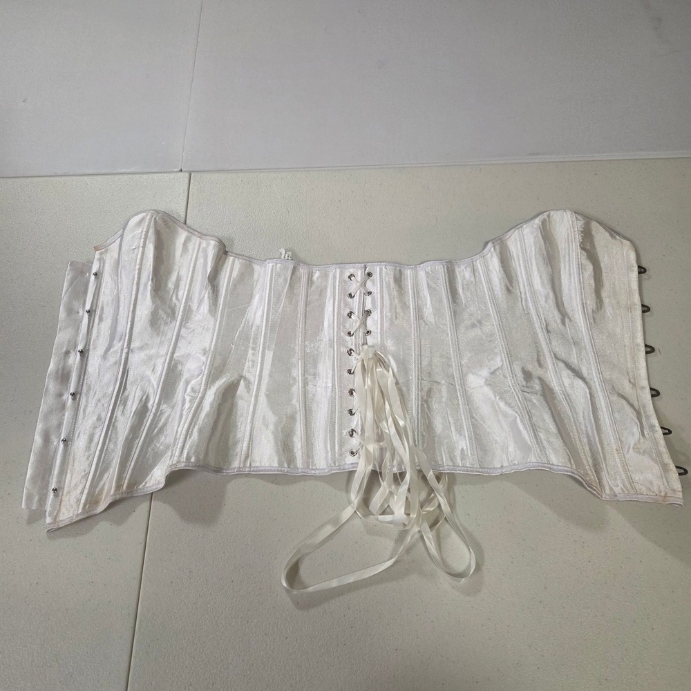 White Satin Underbust Corset Lace Up Boned Waist Cincher Small Victorian Style